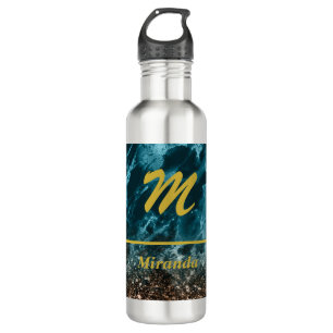 Teal Blue Agate glitter Monogram personalised 710 Ml Water Bottle