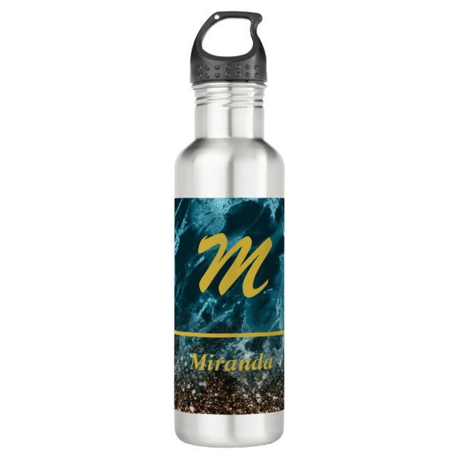 Teal Blue Agate glitter Monogram personalised 710 Ml Water Bottle (Front)