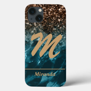 Teal Blue Agate glitter Monogram personalised iPhone 13 Case