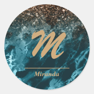 Teal Blue Agate glitter Monogram personalised Classic Round Sticker