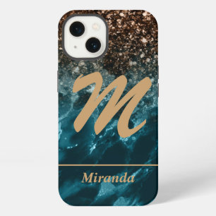 Teal Blue Agate glitter Monogram personalised iPhone 13 Case