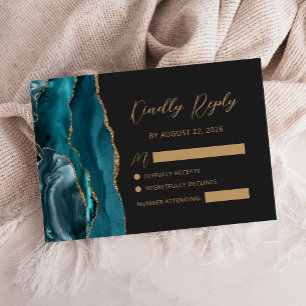 Teal Blue Agate Gold Calligraphy Script Wedding RSVP Card