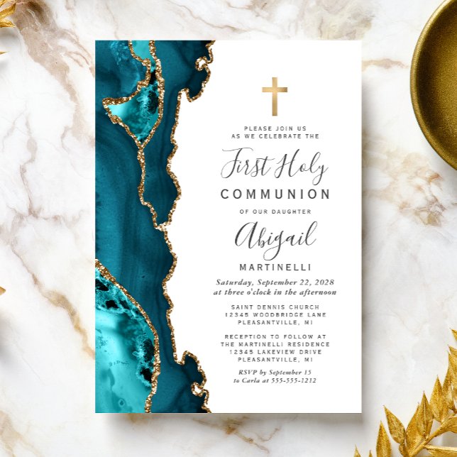  Teal Blue Agate Gold Glitter First Holy Communion Invitation (Creator Uploaded)