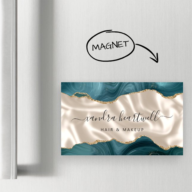 Teal Blue Agate Gold Glitter Luxury Magnetic Business Card (Creator Uploaded)