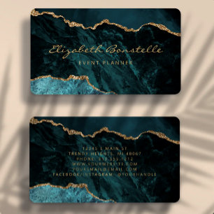 Teal Blue Agate Gold Glitter Luxury Rounded Business Card