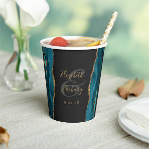 Teal Blue Agate Gold Glitter Script Wedding Paper Cups