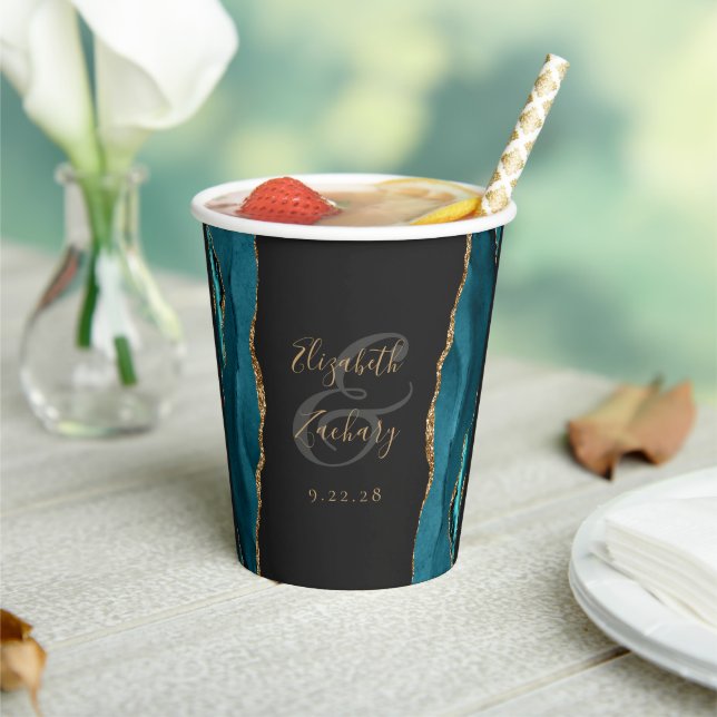 Teal Blue Agate Gold Glitter Script Wedding Paper Cups (Insitu)