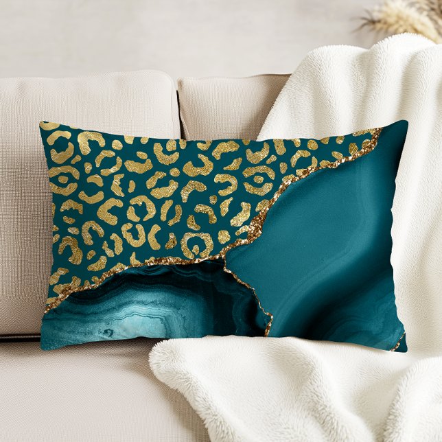 Teal Blue Agate Gold Leopard Spots Decorative Cushion (Creator Uploaded)