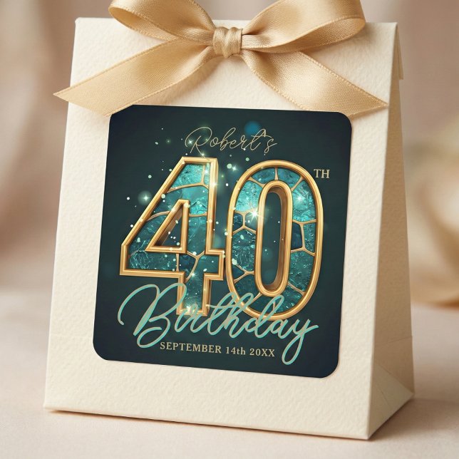 Teal Blue Agate Gold Mosaic 40th Birthday Party Square Sticker (Creator Uploaded)