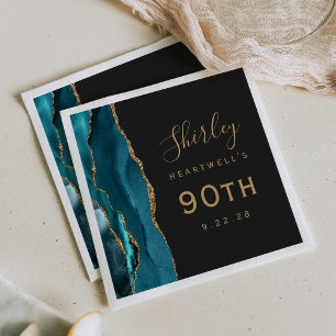 Teal Blue Agate Gold Script Dark 90th Birthday Napkin