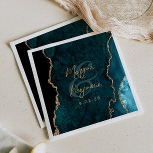 Teal Blue Agate Gold Script Wedding Napkin