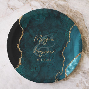 Teal Blue Agate Gold Script Wedding Paper Plate