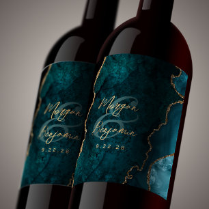Teal Blue Agate Gold Script Wedding Wine Label
