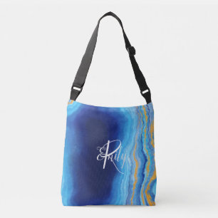 Teal & blue Agate Marble Abstract Name Monogram Crossbody Bag