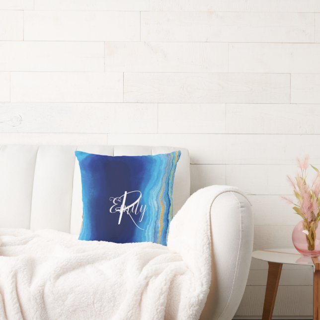  Teal & blue Agate Marble Abstract Name Monogram  Cushion (Couch)
