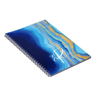 Teal & blue Agate Marble Abstract Name Monogram  Notebook