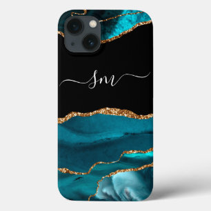 Teal Blue Agate Monogram Script Stone Gold Black iPhone 13 Case