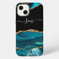 Teal Blue Agate Monogram Script Stone Gold Black