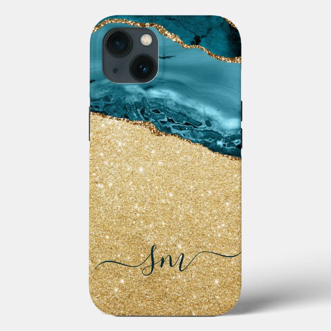 Teal Blue Agate Monogram Script Stone Gold  Case-Mate iPhone Case (Back)