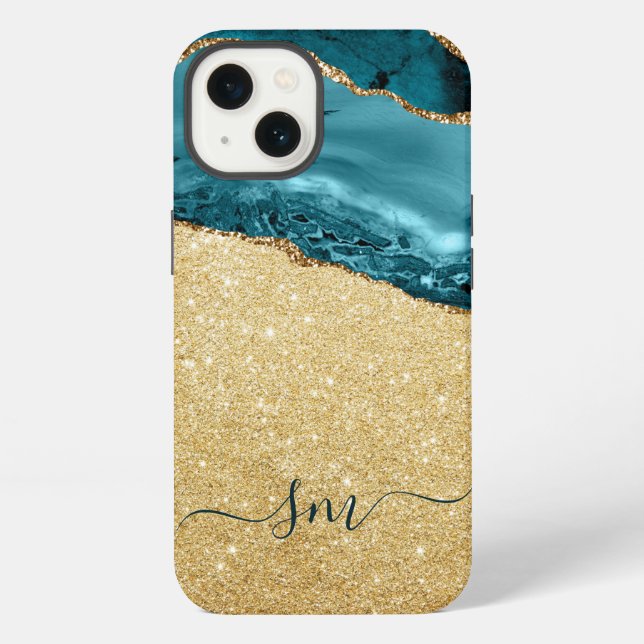 Teal Blue Agate Monogram Script Stone Gold  iPhone Case (Back)