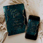Teal Blue Agate Script Wedding Save the Date Invitation<br><div class="desc">This elegant wedding save the date features a background image of teal blue watercolor agate trimmed with faux gold glitter. The customisable text combines gold-coloured modern handwriting,  copperplate and italic fonts. The reverse side features a coordinating teal and gold agate design.</div>