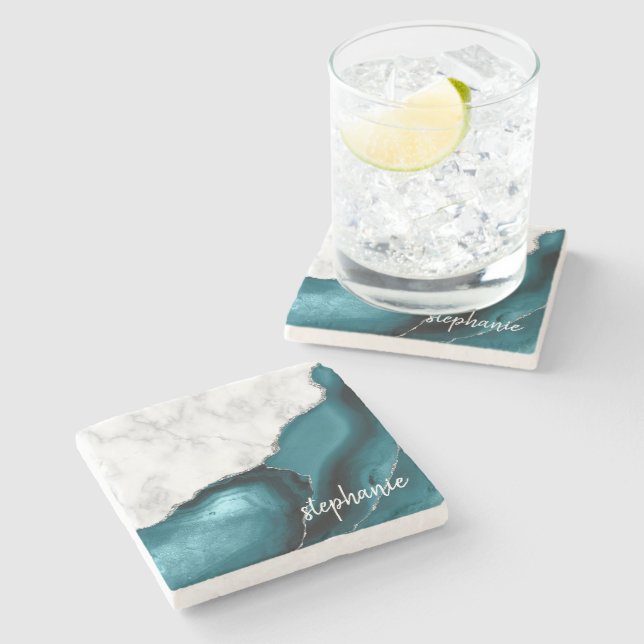 Teal Blue Agate Signature White Marble Silver Stone Coaster (Side)