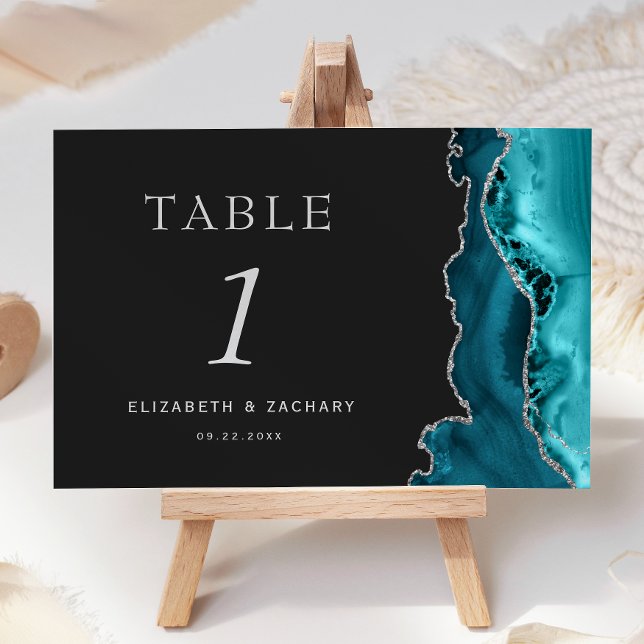 Teal Blue Agate Silver Dark Wedding Table Number (Creator Uploaded)