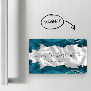 Teal Blue Agate Silver Glitter Luxury Magnetic Business Card
