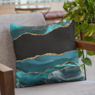 Teal Blue Agate Stone Black Gold Foil look Cushion
