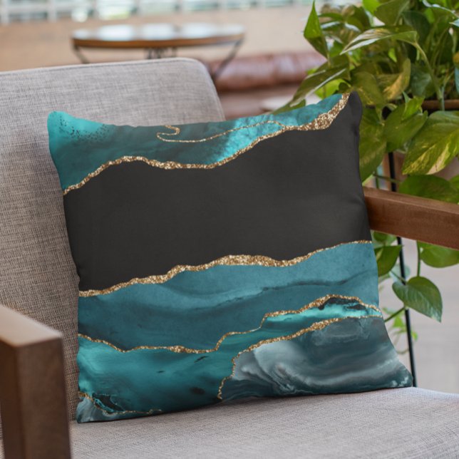 Teal Blue Agate Stone Black Gold Foil look Cushion (Creator Uploaded)
