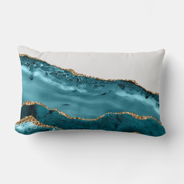 Teal Blue Agate Stone Gold Foil look Lumbar Cushion (Front)