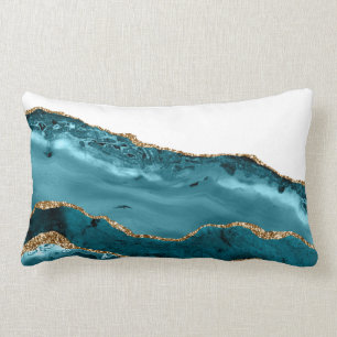 Teal Blue Agate Stone Gold Foil look Lumbar Pillow
