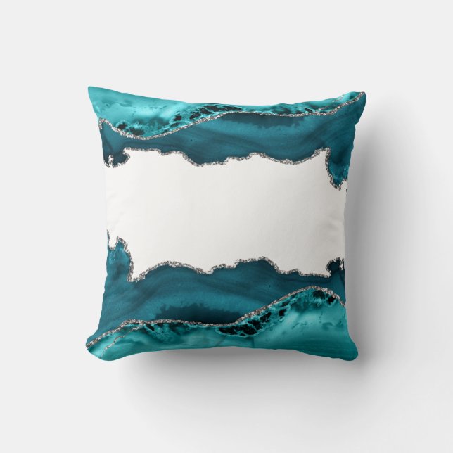 Teal Blue Agate Stone Silver  Cushion (Front)