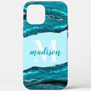 Teal Blue Agate with Silver Glitter Monogrammed  iPhone 12 Pro Max Case