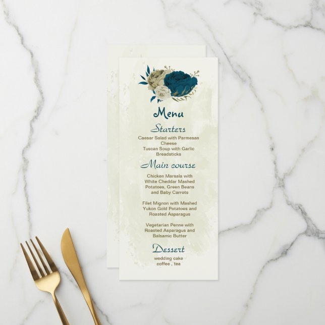 teal blue and beige flowers botanical wedding  menu (Front/Back In Situ)
