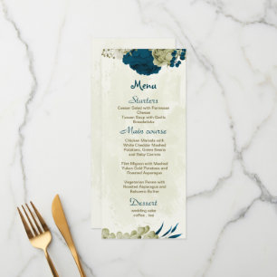 teal blue and beige flowers botanical wedding  menu