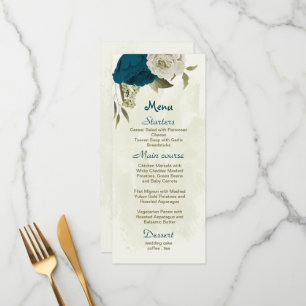 teal blue and beige flowers botanical wedding menu