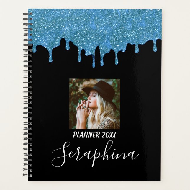 Teal Blue and Black Custom Photo Glitter Drips Planner (Front)