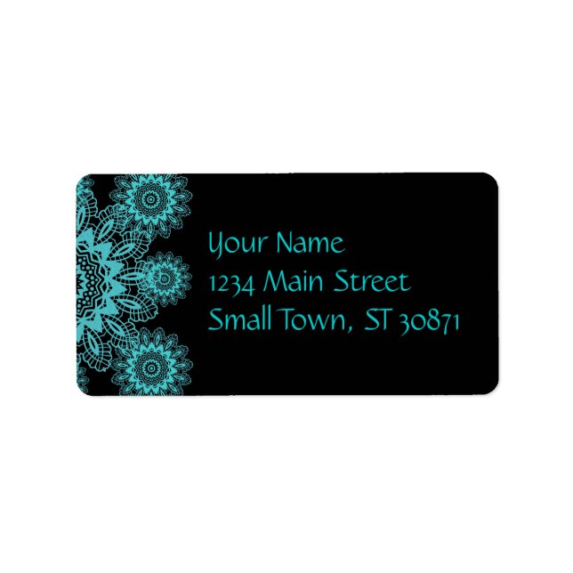 Teal Blue and Black Doily Lace Snowflake Mandala Label (Front)