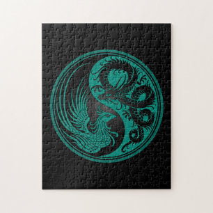 Teal Blue and Black Dragon Phoenix Yin Yang Jigsaw Puzzle