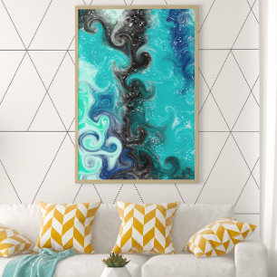 Teal, Blue and Black Fluid Art Marble Swirls   Canvas Print
