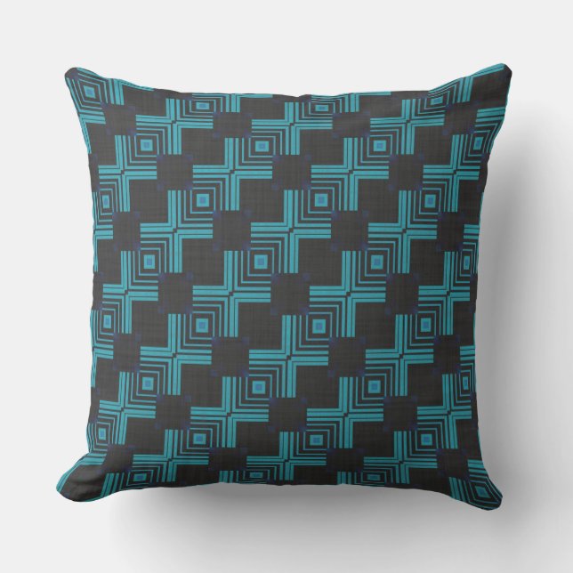 Teal Blue and Black Geometric Pattern Cushion (Front)