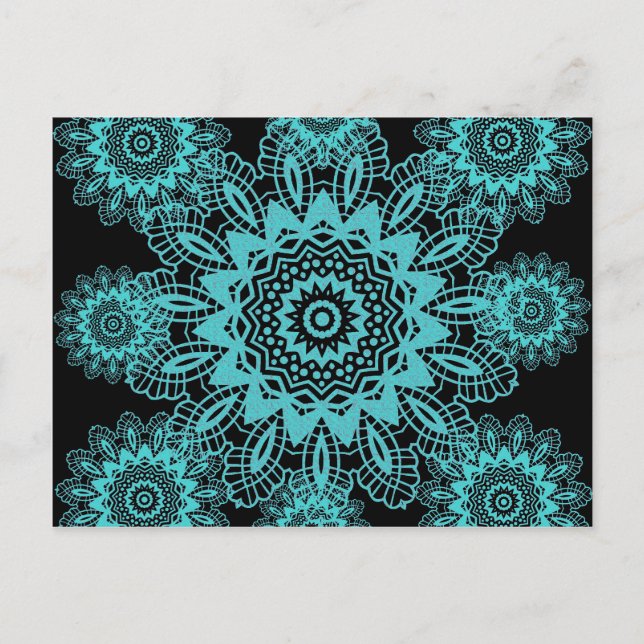 Teal Blue and Black Lace Snowflake Mandala Postcard (Front)