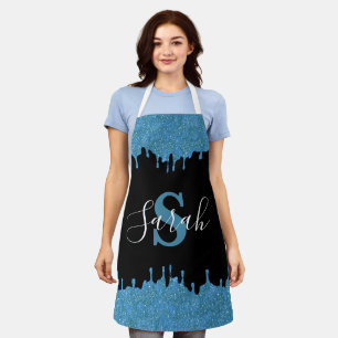 Teal Blue and Black Monogram Glitter Drips Apron