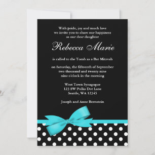 Teal Blue and Black Polka Dots Bow Bat Mitzvah Invitation