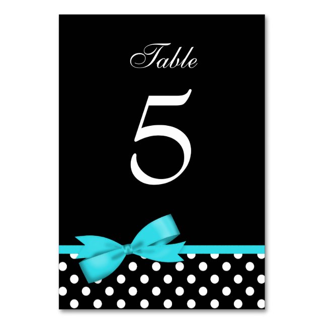 Teal Blue and Black Polka Dots Bow Table Number (Front)