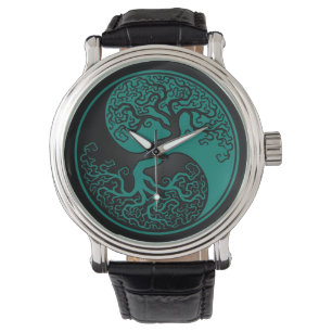 Teal Blue and Black Tree of Life Yin Yang Watch