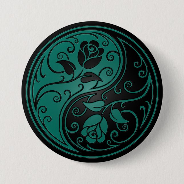 Teal Blue and Black Yin Yang Roses 7.5 Cm Round Badge (Front)