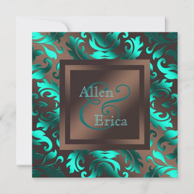 Teal Blue and Chocolate Brown Wedding Invitation (Front)