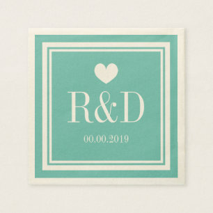Teal blue and ecru monogram paper wedding napkins